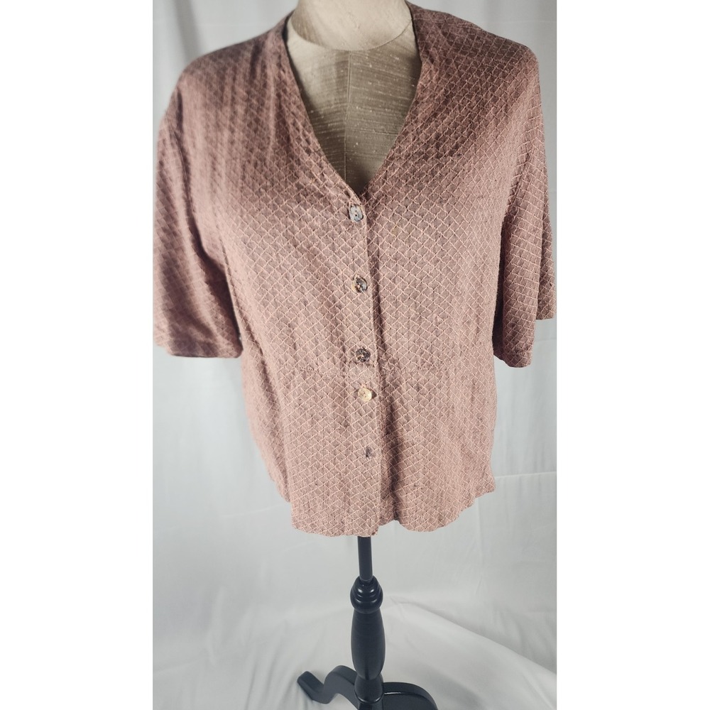 Click by Color Me Cotton Linen Button Up Top Mauve Textured Short Sleeve Small